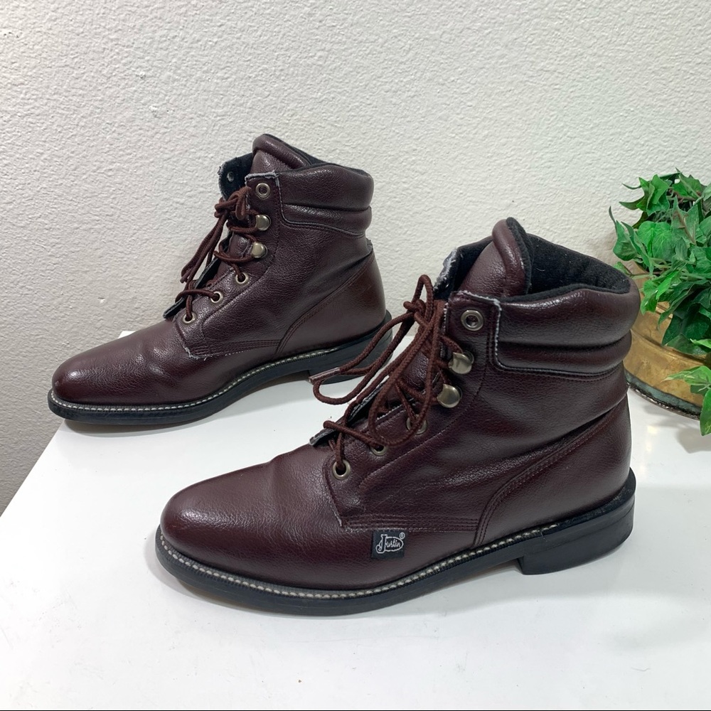 Justin Combat Work Boots Burgundy Man Made Leather - Picture 13 of 13
